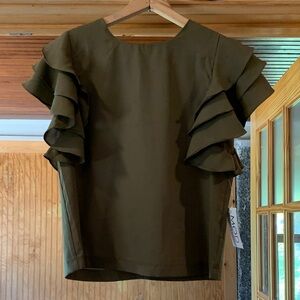 NWT Women’s Mod On Trend Olive Green Ruffle Cap Short Sleeve Blouse Top S